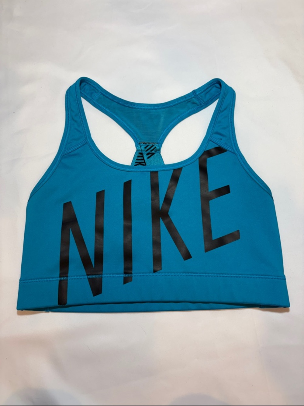 Turquoise / Teal Asymmetric Text Nike Logo Strappy Racer Back DriFit Sports Bra